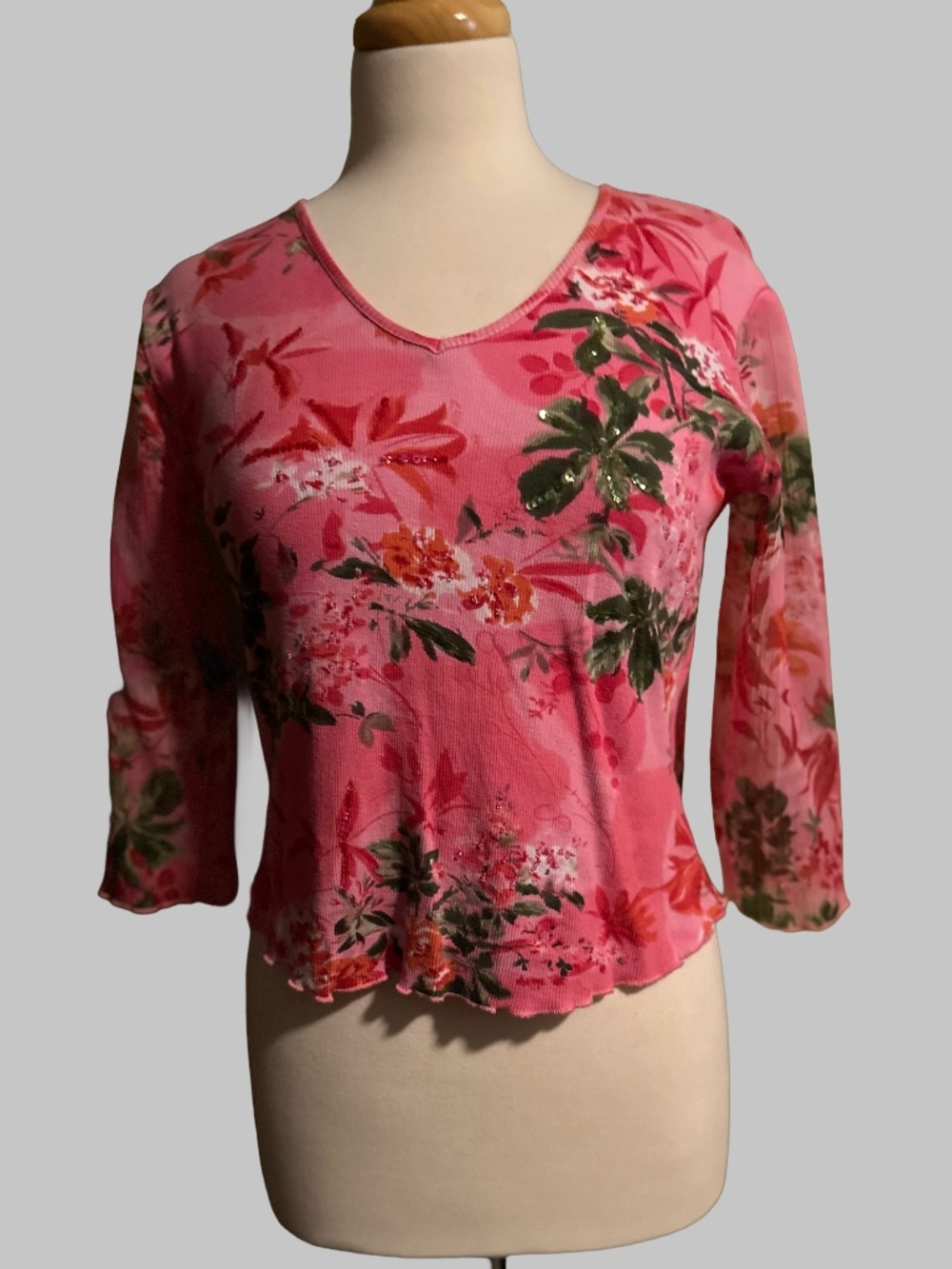 Caribbean Joe Tropical Floral Sequin Blouse Pink PM Sheer 3/4 Sleeve Y2K
